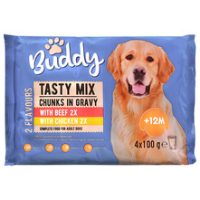 Buddy Tasty Mix Hrana za pse govedina i piletina s povrćem u umaku 4x100 g